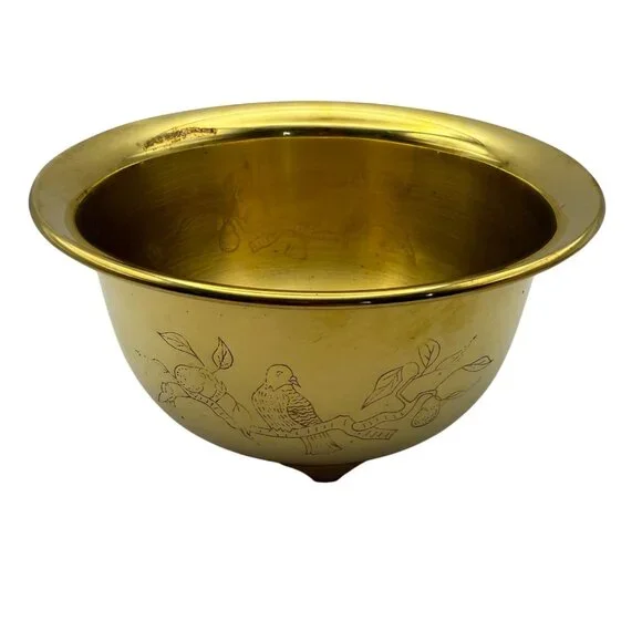 Vtg Etched Brass Bowl Birds Footed Dual-Sided Planter 1960s Decor MCM 3.5"T 6"D - Picture 7 of 10